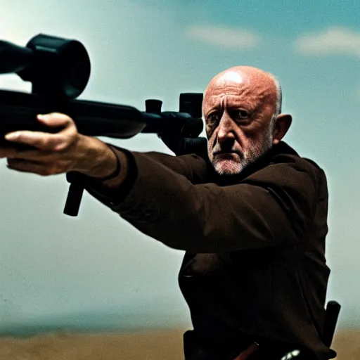 Image similar to Film still of Mike Ehrmantraut aiming with a !!!sniper rifle!!!, 4k, !!highly detailed!!