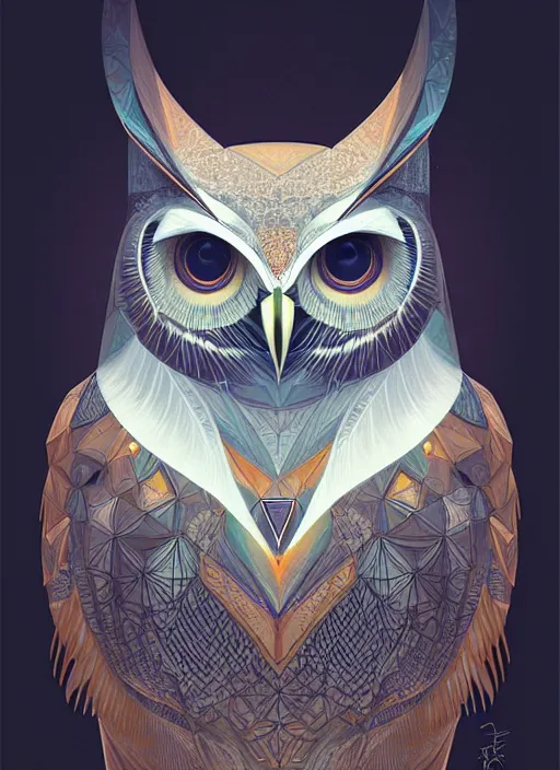 Image similar to portrait of a geometric owl, identical eyes, medium shot, illustration, full body made of white feathers, symmetrical, art stand, super detailed, cinematic lighting, and its detailed and intricate, gorgeous, by peter mohrbacher