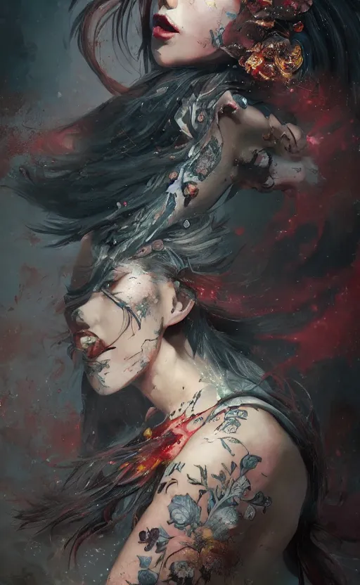 Image similar to Colour Tattoo old galaxie girl chines painting , by WLOP, Rossdraws, James Jean by Greg Rutkowski, Sung Choi, Mitchell Mohrhauser, Maciej Kuciara, Johnson Ting, Maxim Verehin, Peter Konig, Bloodborne , 8k photorealistic, cinematic lighting, HD, high details, atmospheric , trending on artstation