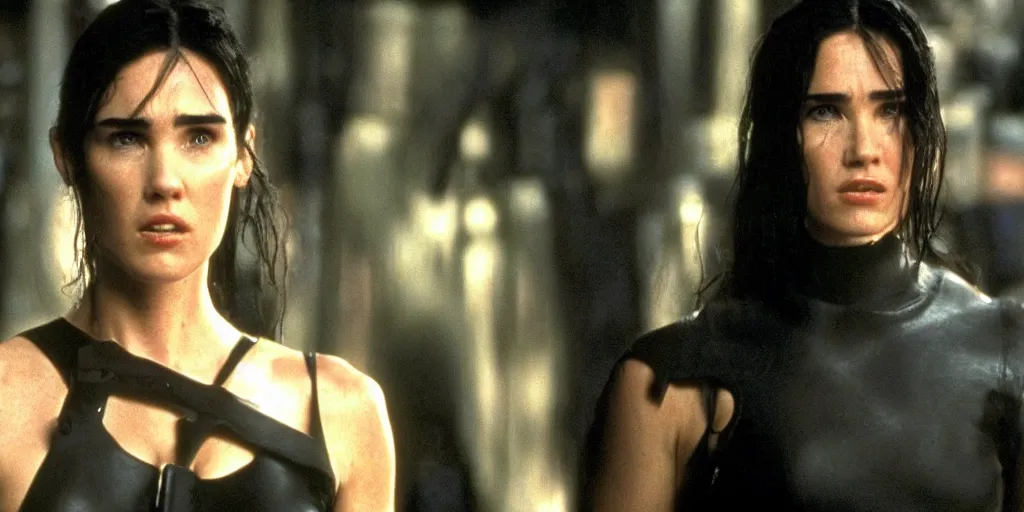 Image similar to jennifer connelly in matrix, cinema, still from movie, action, blu ray, 4 k, strong acting