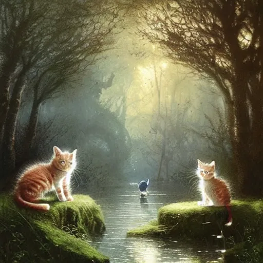 Prompt: two kittens in the enchanted forest watching the fish in the stream, fantasy, intricate, extremely detailed, matte, artstation, art by greg rutkowski, louis wain, alan lee, terry gilecki