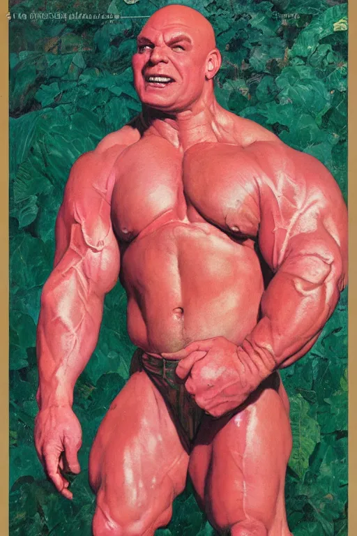 Prompt: full body portrait of morgan aste as huge pink hulk wearing trousers, simple background, painted by jack kirby, lawrence alma tadema, norman rockwell, greg staples, wayne barlow, jacob collins, tom lovell, frank schoonover, neville page