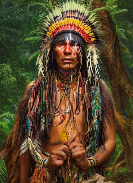 Prompt: a beautiful painted portrait of an indigenous shaman chanting in the jungle, matte painting, fantasy art, ayahuasca