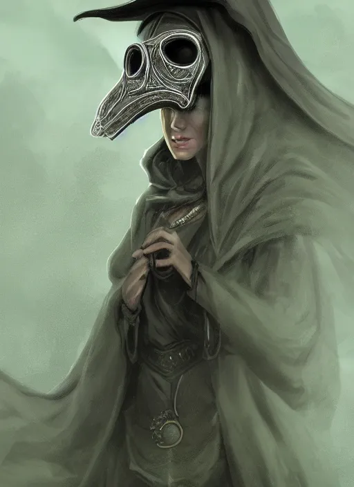 Image similar to a highly detailed illustration of plague doctor mask wearing woman, cape flowing in the wind pose, surrounded by green mist, intricate, elegant, highly detailed, centered, digital painting, artstation, concept art, smooth, sharp focus, league of legends concept art, WLOP