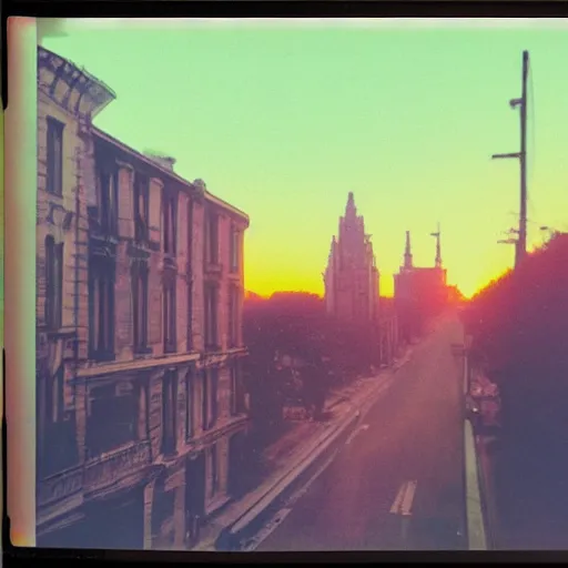 Prompt: low angle wide shot of busy Night Vale street, angels do not exist, sunset, polaroid photo, by Warhol,