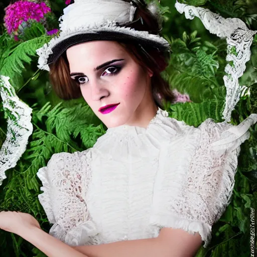 Prompt: on texture paper full body fashion model emma watson smokey eyes makeup eye shadow fantasy, glow, shimmer as victorian woman in a long white frilly lace dress and a large white hat having tea in a sunroom filled with flowers, roses and lush fern flowers ,intricate, night, highly detailed, dramatic lighting , high quality