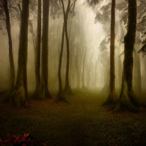 Image similar to surreal magical aura forest with fog, wisps and gloomy lightning