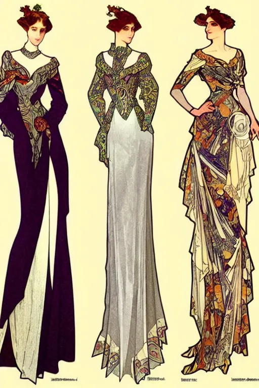 Image similar to 4 elegant full length dress designs with natural history prints designed by alphonso mucha