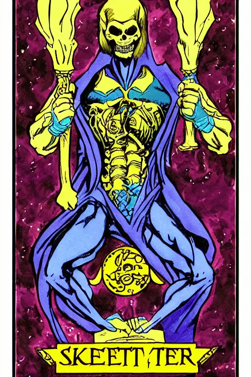 Image similar to skeletor tarot card, illustrated by john dyer baizley