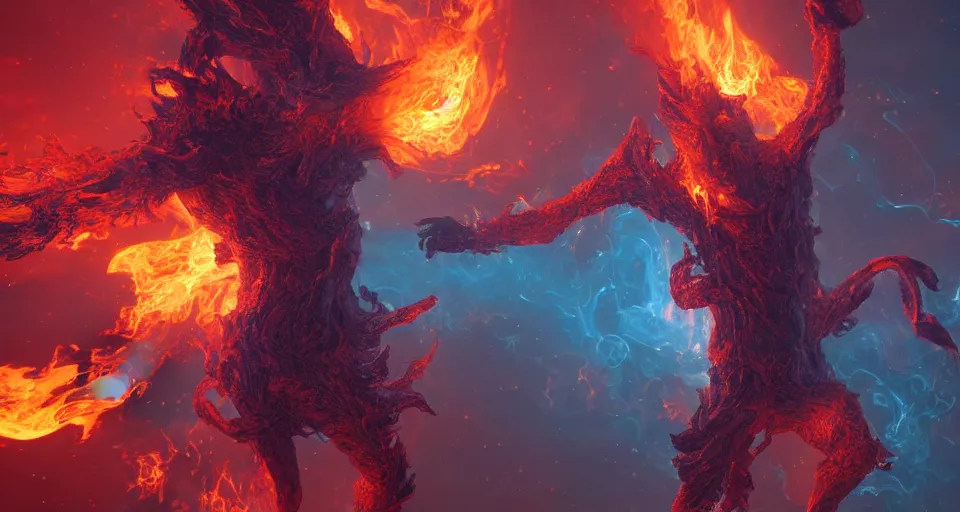 Prompt: fire wielding elemental being, character concept, floating in the cosmos, hyper detailed, fractal, ray tracing, 4 k