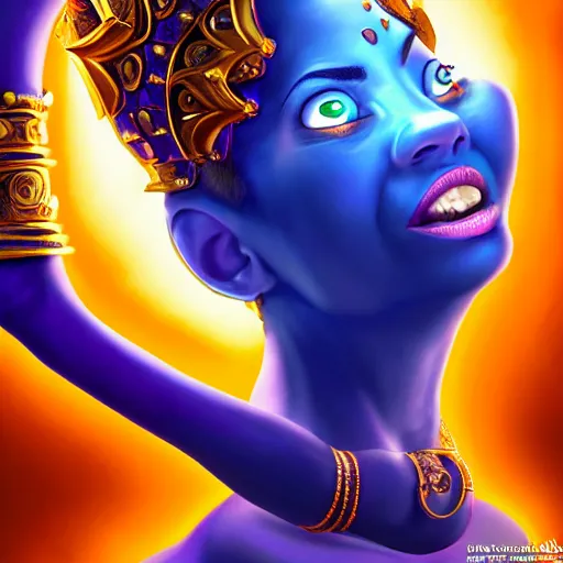 Image similar to all powerful genie, ecstatic, infinite power, manic, perfect eyes, full body shot, magical being, magic, portrait, noble, transformation, vivid colors, elegant, concept art, sharp focus, digital art, Hyper-realistic, 4K, Unreal Engine, Highly Detailed, HD, Dramatic Lighting by Brom, trending on Artstation