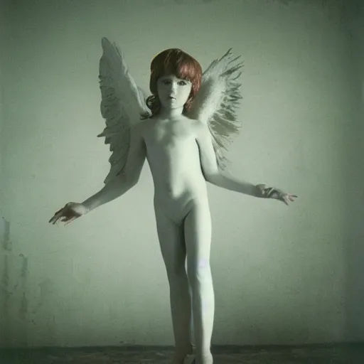 Image similar to realistic expired kodak film full body portrait of an angel performer,, hyperrealism, hypermaxiymalism, photorealistic, detailed, atmospheric, 8 k, award winning photography, cinematic