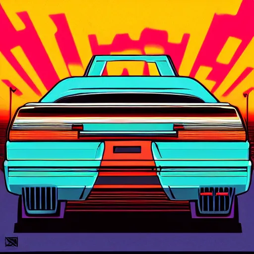 Image similar to retro box covert art of a synthwave car sitting in front of a sunset in miami, 8 0's box art, retro