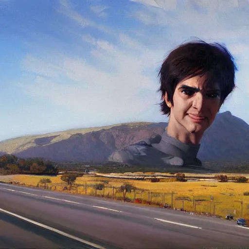 Image similar to Giant head of david copperfield with four wheels, running fast on a californian highway, rays of light, particles light, kuvshinov ilya