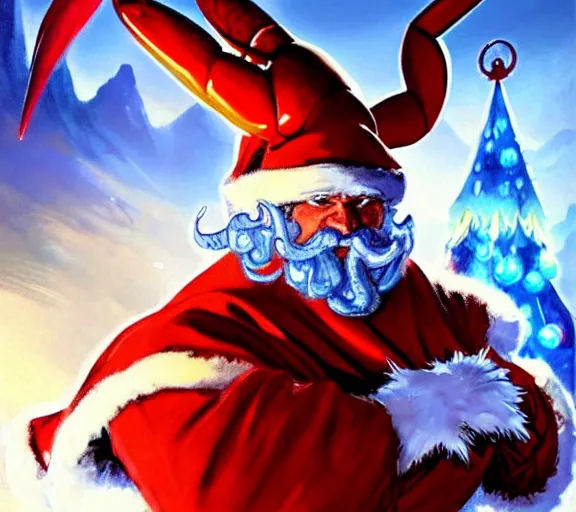 Image similar to magic : the gathering fantasy character concept art of the great lobster wearing a santa outfit by franz frazetta and marco bucci, high resolution. a clear portrait of powerful lobster wearing a santa outfit, magical christmas wonderland in background, fantasy coloring, intricate, digital painting, artstation, smooth, sharp focus