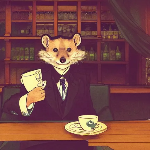 Image similar to a weasel in a suit was drinking tea, surrounded by tea houses ambient lighting, 4 k, russ mill, rossdraws, alphonse mucha, jung gi kim, artstation