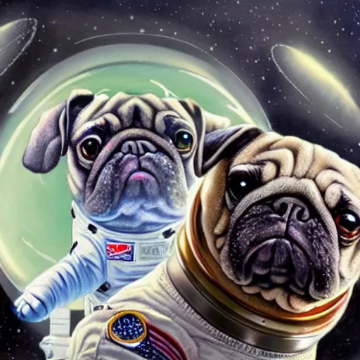 Image similar to hyper realistic, highly detailed, astronaut pug in space.