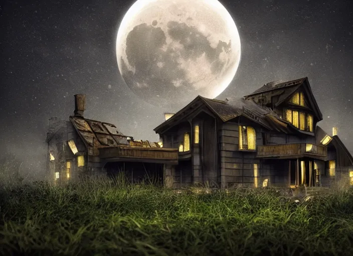 Image similar to realistic alien structured house on a dark land, full moon, ultra detailed, fantasy, hyper realism, art, smooth, beautiful art, masterpiece, landscape, cinematic, wet reflections, ray tracing x, rtx, smooth