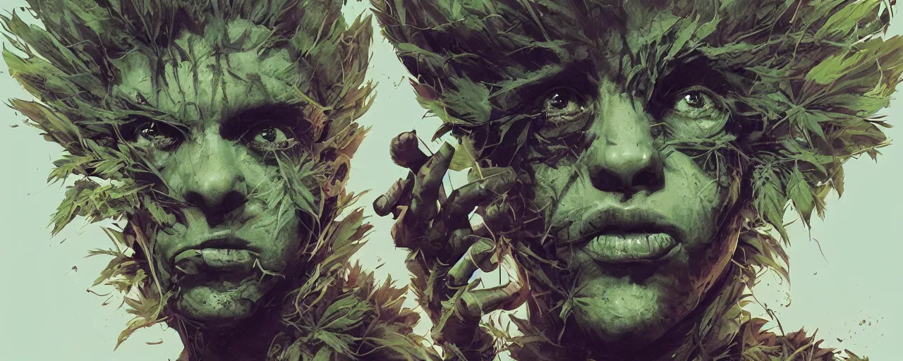 Prompt: duotone concept illustration 3 / 4 portrait of kid face consisting of marijuana, groot, cannabis!, cinematic volumentric lighting, jim cheung, david marquez, mike deodato jr, ilya kuvshinov, makoto shinka, behance hd by jesper ejsing, by rhads, hyper detailed, octane render, concept art, artstation