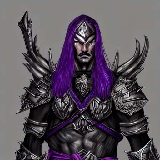 Prompt: Portrait of a seasoned muscular elven warrior in black and purple armour and wolf skin. In style of Hyung-tae Kim, concept art, trending on ArtStation, Korean MMORPG.