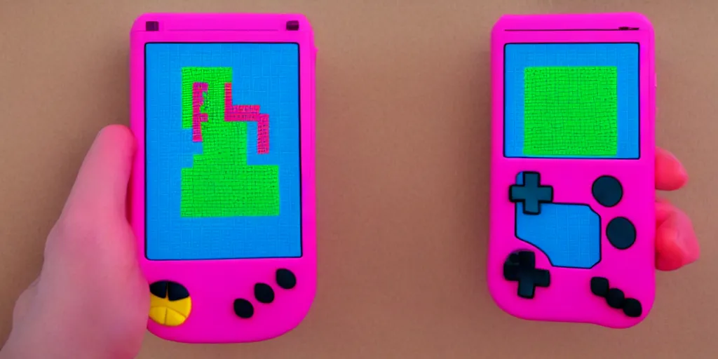 Prompt: handheld game console, hotpink, playing pocket monster game, pixel art