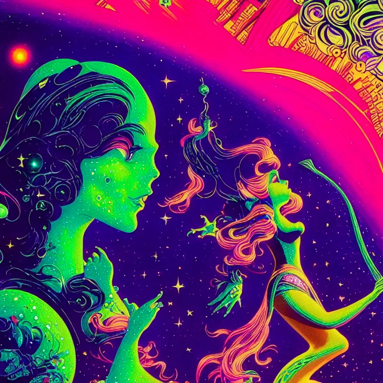 Prompt: cosmic girl, medium close - up, infinite crystal ascent, bright neon colors, highly detailed, cinematic, eyvind earle, tim white, philippe druillet, roger dean, lisa frank, aubrey beardsley