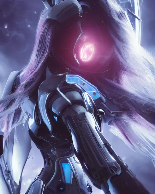 Prompt: photo of a android girl on a mothership, warframe armor, beautiful face, scifi, nebula, futuristic background, galaxy, raytracing, masterpiece, ethereal, beauty, long white hair, blue cyborg eyes, anime, flow, 8 k high definition, insanely detailed, intricate, innocent, art by akihiko yoshida, antilous chao, woo kim