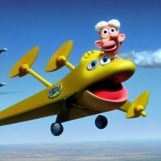 Image similar to Wallace and Gromit flying a plane