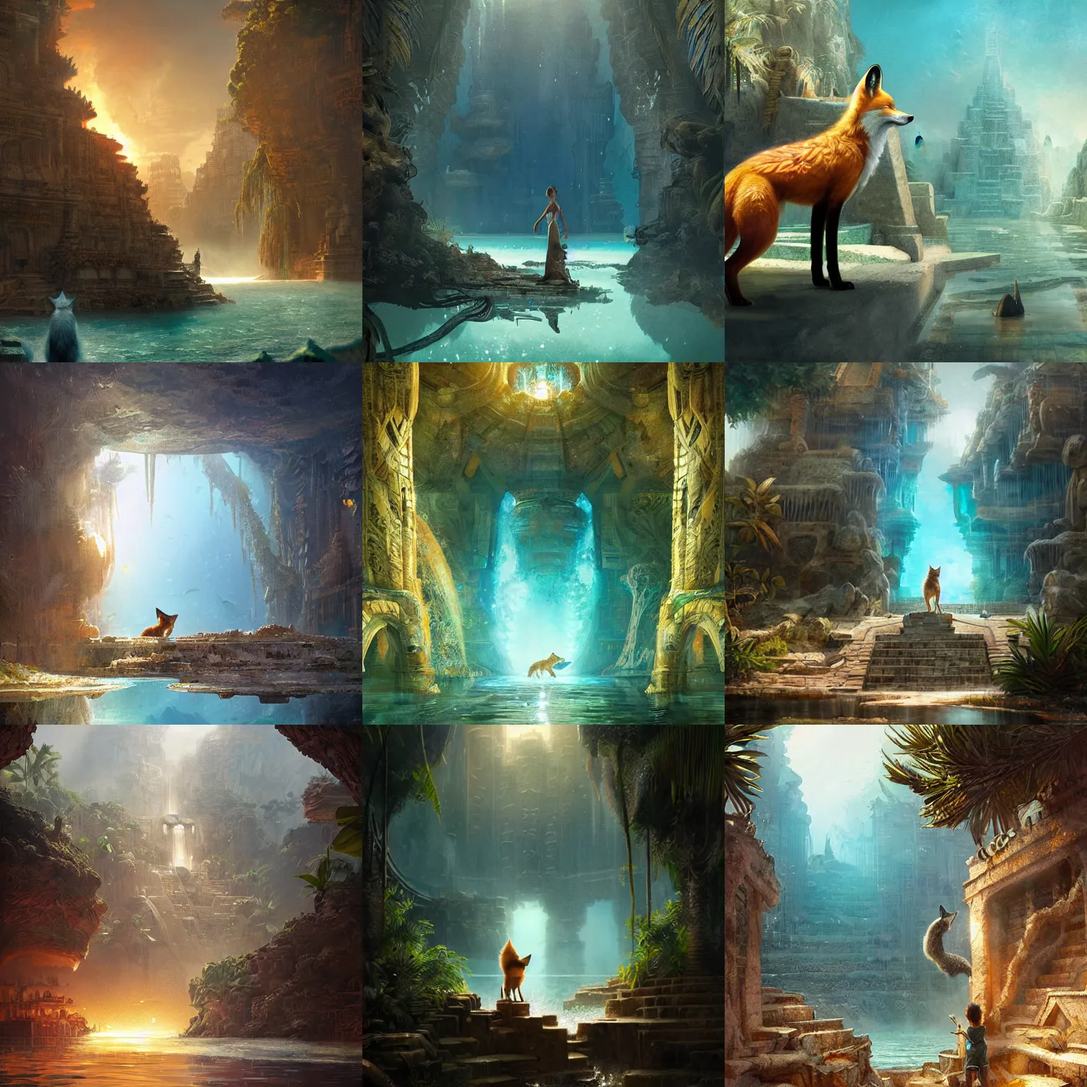 Prompt: a fox discovering the lost city of atlantis,digital art,detailed,ultra realistic,art by greg rutkowski