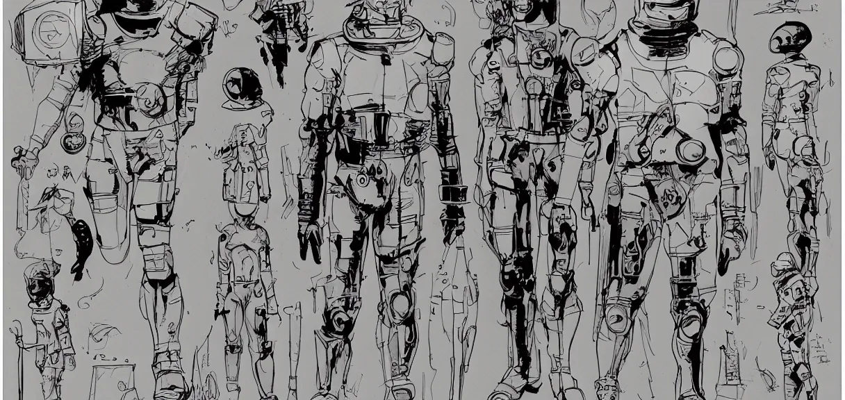 Image similar to male, heroic figure, space suit with a modern helmet, character sheet, block shapes, science fiction, very stylized, character design, pen and ink, digital painting, watercolor wash, by mike mignola, by alex maleev, jean giraud