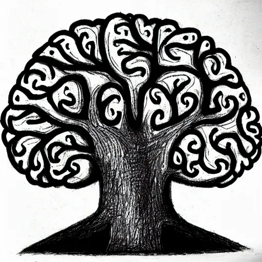 Prompt: a drawing of a tree with its canopy in the shape of a brain, featured on deviantart, black and white, detailed