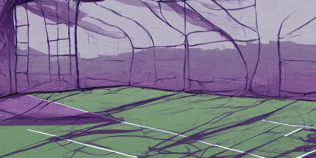 Image similar to tennis court, tennis net, tennis stadium, purple, digital art, fantasy, magic, chalk, chalked, trending on artstation, ultra detailed, detailed, fine details, professional illustration by basil gogos