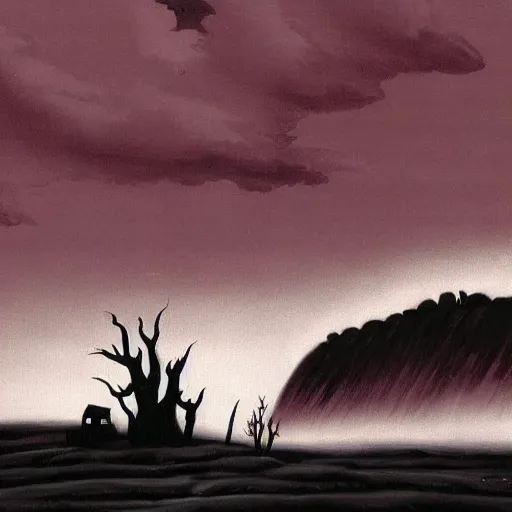 Prompt: dark painting of a landscape by dr seuss | horror themed | creepy