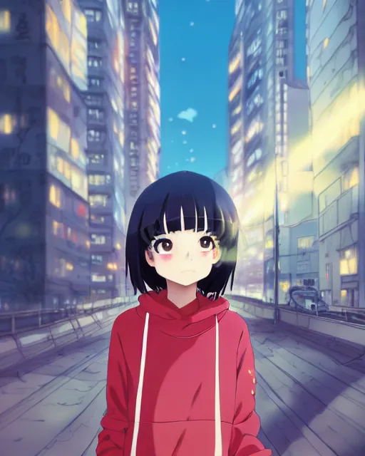 Image similar to anime visual, portrait of a young black haired girl wearing hoodie sightseeing above the urban street in bright day guardrail, cute face by yoh yoshinari, katsura masakazu, dramatic lighting, dynamic pose, dynamic perspective, strong silhouette, ilya kuvshinov, anime cels, rounded eyes, moody