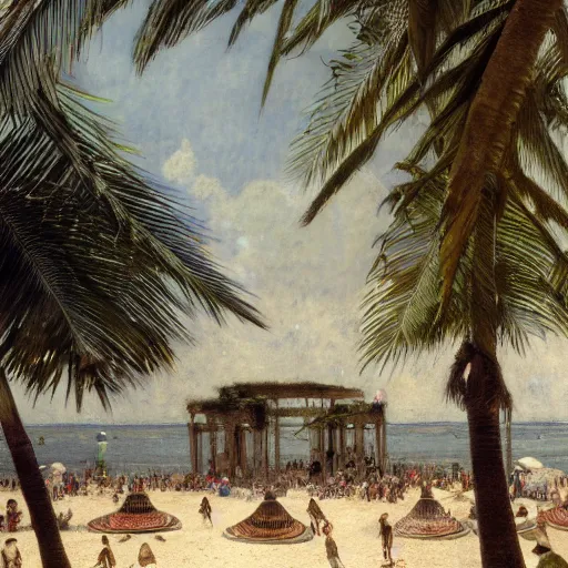 Image similar to a ultradetailed beautiful photo of hundreds of people in the amazonas palace designed by jules bastien - lepage, hans belmer, frank weston and gustave baumann, beach, trending on artstation, mediterranean, palm trees, light sparkles, sharp focus, soft light, 8 k 4 k