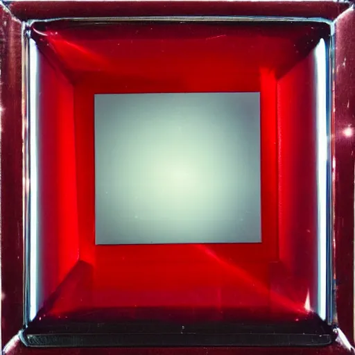 Prompt: chrome spheres on a red cube, polaroid spectra photograph