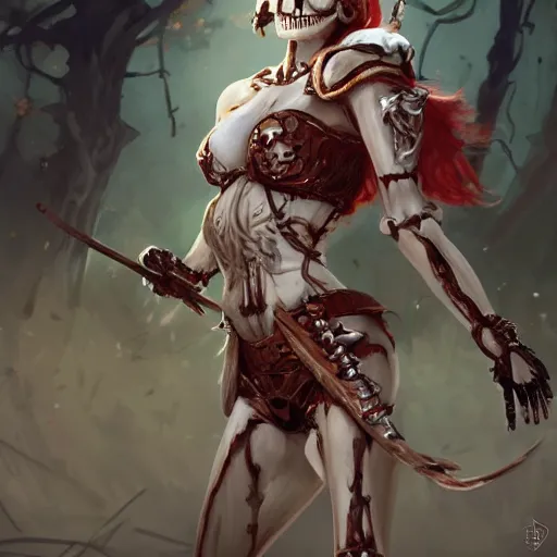 Image similar to cute & beautiful smug smiling undead skeleton girl with very attractive face and red hair dressed as a roman warrior, elegant, digital art, fullbody painting, fantasy, pixar style, painting, pin up, highly detailed, artstation, art by artgerm, vrubel, greg rutkowski, ilya kuvshinov, raymond swanland