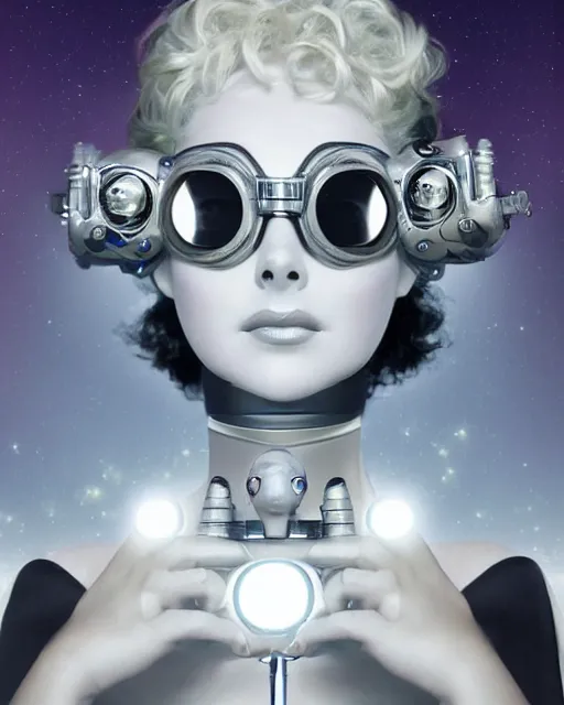 Image similar to centered portrait of soulful young elizabeth taylor as a solarpunk mecha humanoid robotic parts wearing crystal goggles with bright led lights, real human face, pudica gesture bouguereau style, in white room, ultra - realistic and intricate, soft portrait shot 8 k