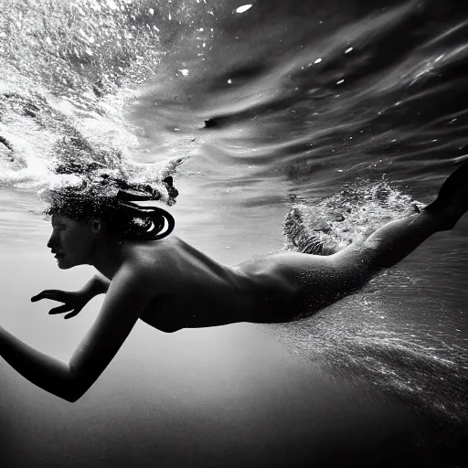 Image similar to black and white photograph of a beautiful mermaid swimming underwater, hyperdetailed, 4 k,