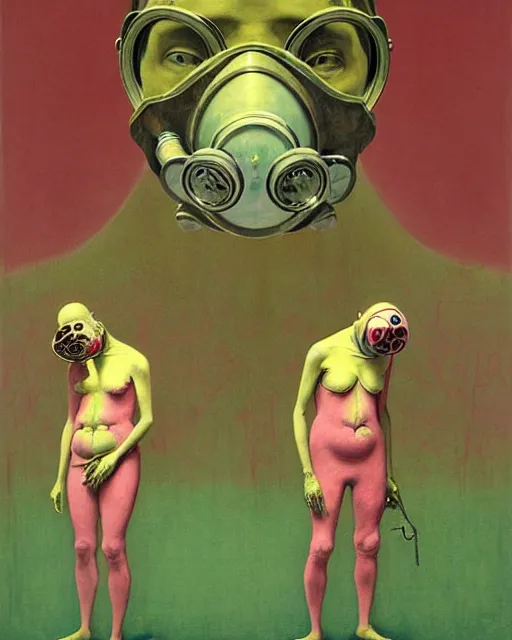 Prompt: Two exhausted doctors wearing gas masks, draped in silky gold, green and pink, inside a decayed operating room, in the style of Francis Bacon, Esao Andrews, Zdzisław Beksiński, Edward Hopper, surrealism, art by Takato Yamamoto and James Jean