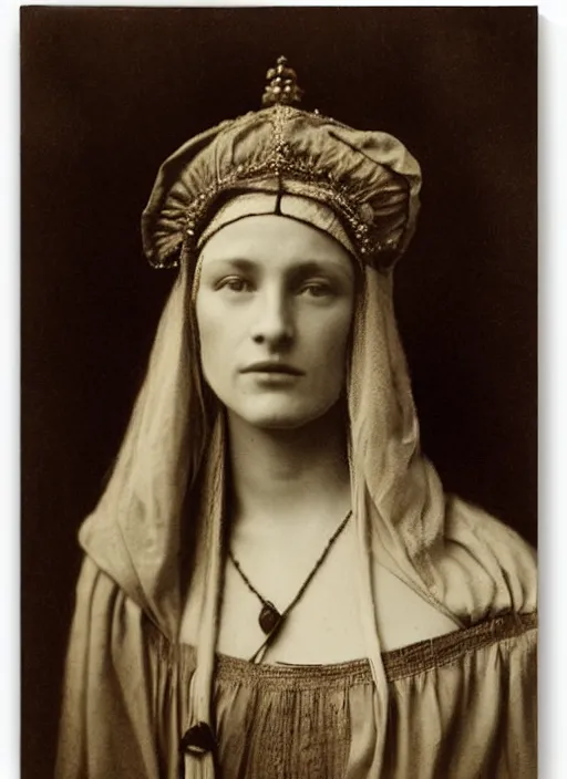 Image similar to portrait of young woman in renaissance dress and renaissance headdress, art by julia margaret cameron