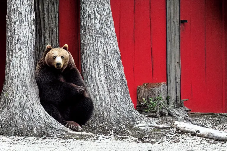 Image similar to grizzly wearing a red shirt sitting outside big tree with a red door by Roger Deakins