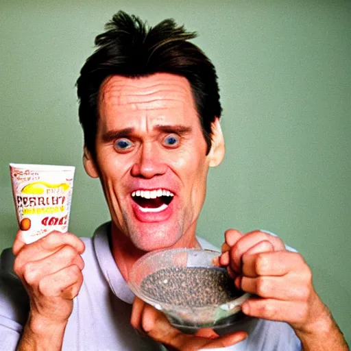 Prompt: a cinematic shot of Jim Carrey eating a bowl of cereal, film grain, 8k