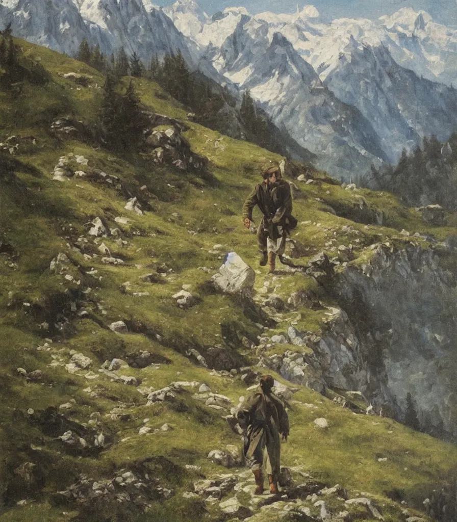 Image similar to Che Guevara wandering aimless arround in the austrian alps. Detailed oil painting by Franz Defregger.