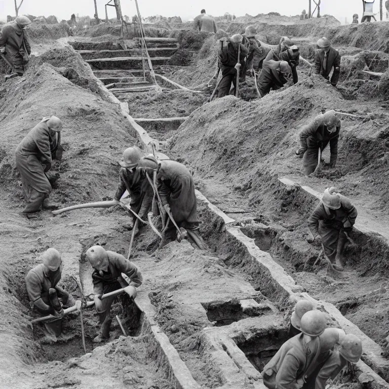 Image similar to archaeologist badgers in 1940s suits digging at the sutton hoo ship burial, black & white photo