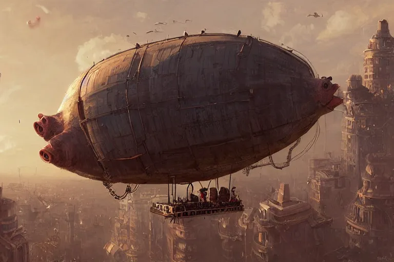 Image similar to a PIG HEAD, pig-blimp, steampunk, digital art, extremely detailed, flying over a city, greg rutkowski, cinematic