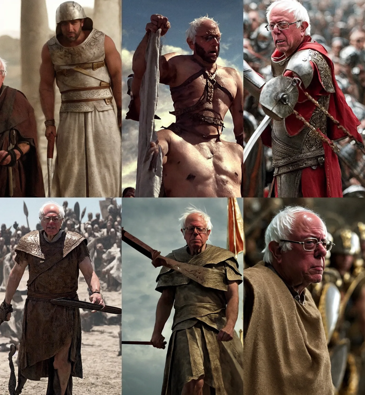 Prompt: Bernie Sanders dressed as Leonidas in screenshot from the 300 movie