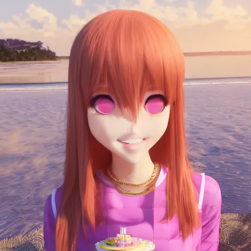 Prompt: Render of a beautiful 3d anime woman holding a birthday cake to show the camera, long light pink hair, full bangs, hazel eyes, cute freckles, full round face, proud smile, Chinese heritage, cute checkerboard sundress, golden hour, serene beach setting, medium shot, mid-shot, hyperdetailed, trending on Artstation, Unreal Engine 4k