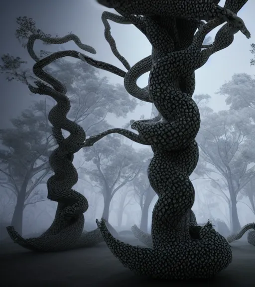 Image similar to surreal white tree made of snakes, ancient in the desert, foggy sky, dark night, octane render, unreal engine, pale colors, high detail, 8 k, wide angle, trending on artstation, behance