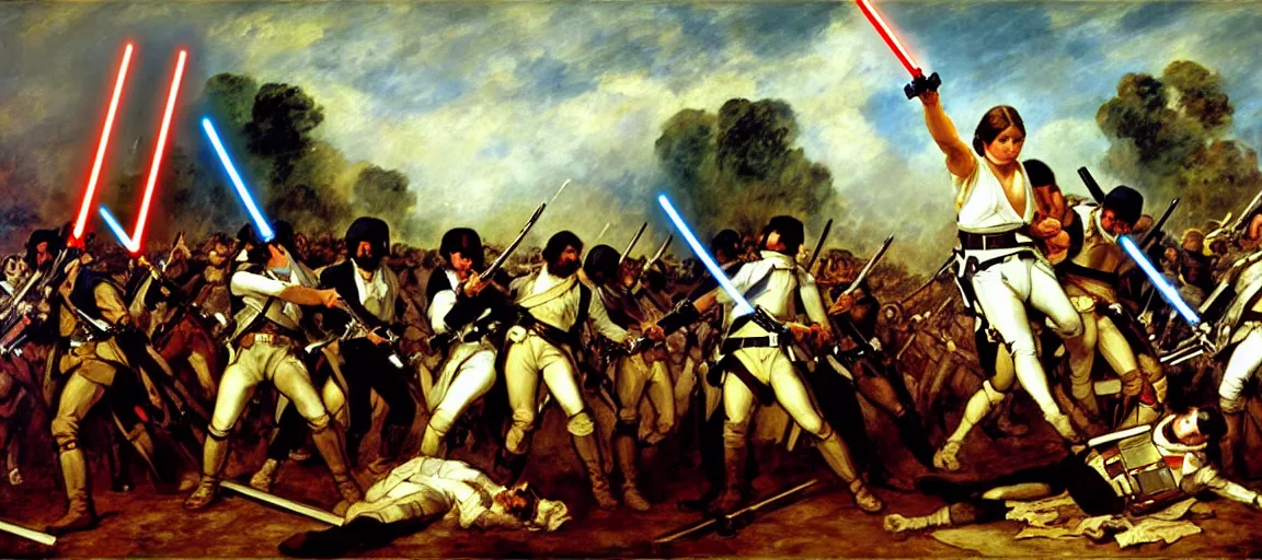 Image similar to liberty leading the people, french revolution, eugene delacroix, jedi, lightsaber, ewoks, at - st, tie - fighter, endor forest, oil on canvas